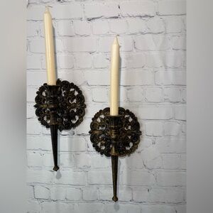2~Vintage HOMCO #4148 ornate black & gold plastic wall sconce/candle holders